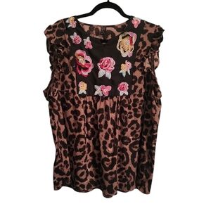 Shein Emory Rose Animal Print Floral Embroidery Top